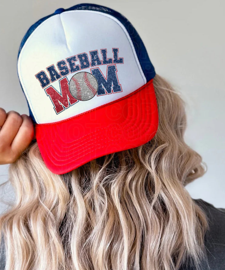 Baseball Mom Faux Glitter Foam Trucker Hat Black Heart Mafia